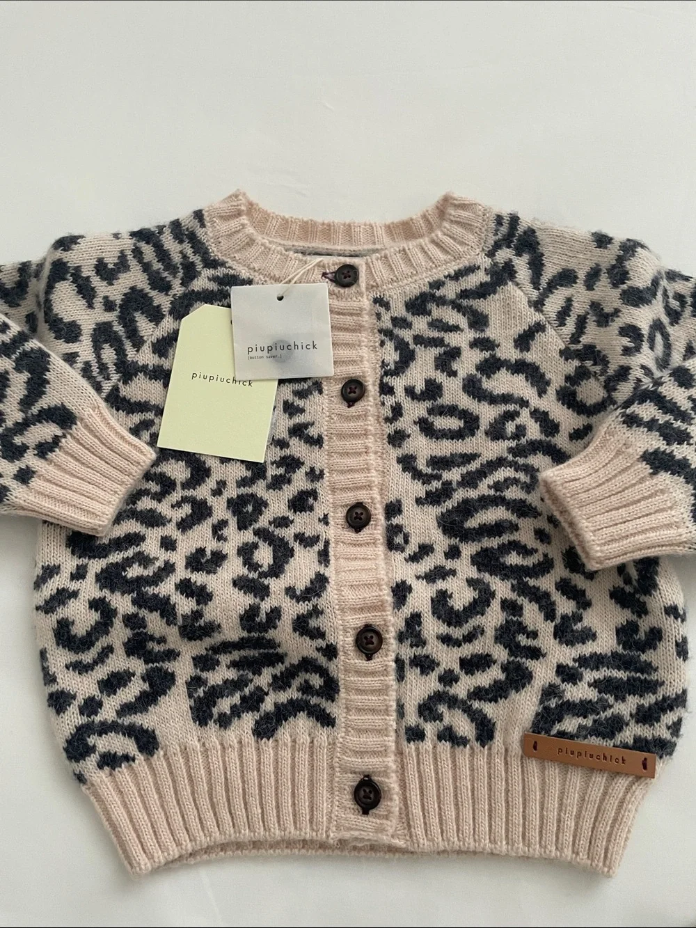 Piupichick Leopard Knit Cardigan & Jogger Set - Beige and Black